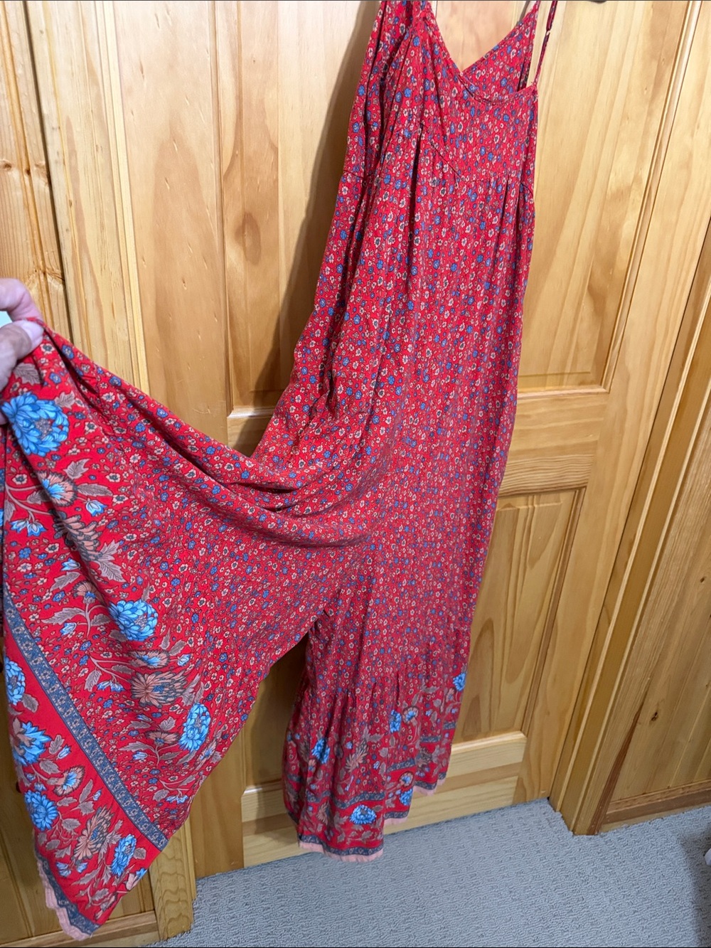 NATURAL LIFE Red & Blue Floral Wide-Leg Spaghetti-Strap Boho Jumpsuit, Size S. - Picture 6 of 14